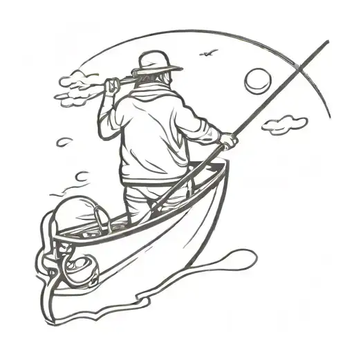 Simple Line Art Fisherman On A Boat Silhouette With Line In Water