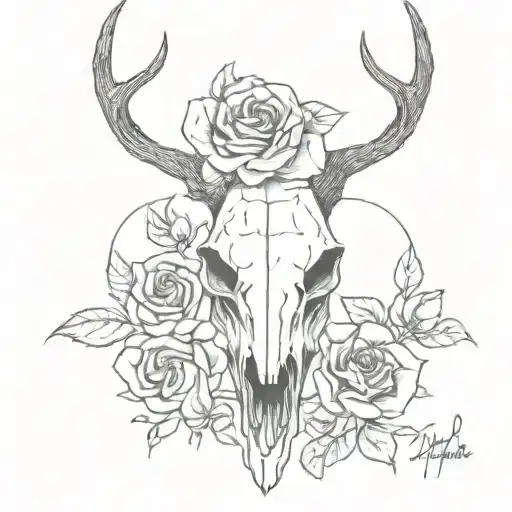A Deer Skull Front With Very Large Horns And Roses