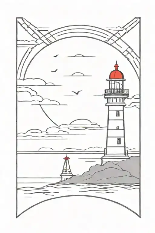 Lighthouse Lillle Girl Swing Sunrise Red Background Black Grey