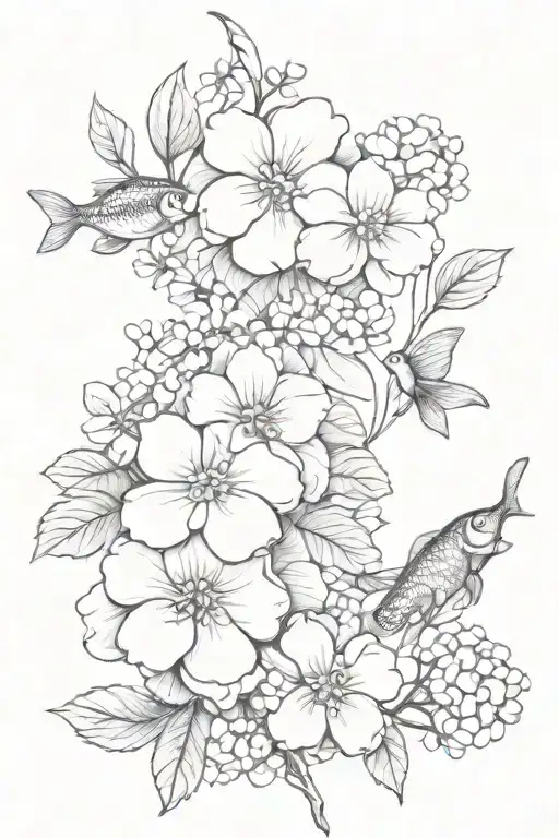 Coi Fish And Hydrangeas Blooming