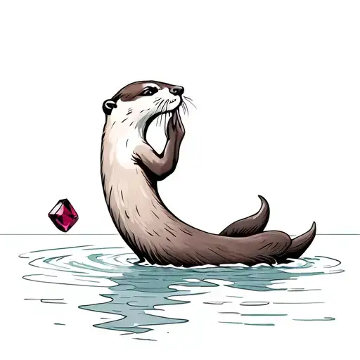 Otter Floating On Its Back In The Water While Holding A Ruby Gemstone
