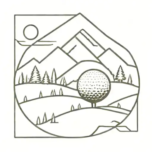 A Minimalist Geometric Design Of A Golf Ball Surrounded By Trees And Mountains