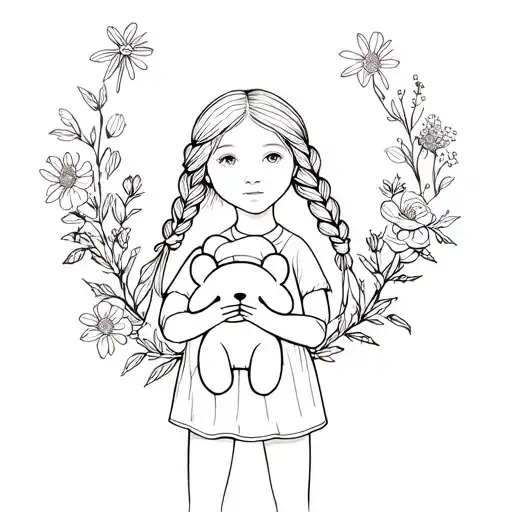 Little Girl With Two Braids Holding A Teddy Surrounded By Flowers