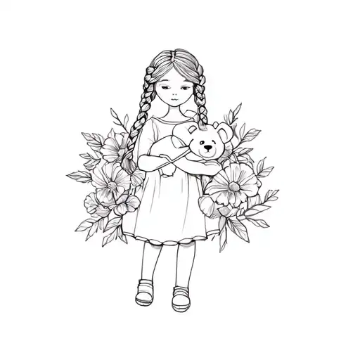 Little Girl With Two Braids Holding A Teddy In One Hand Surrounded By Flowers