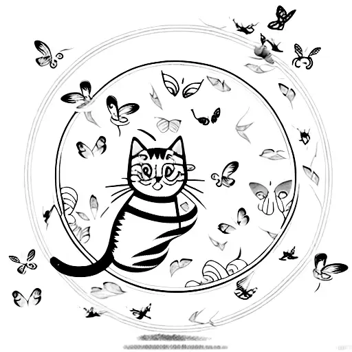 Cat On Window With Butterflies