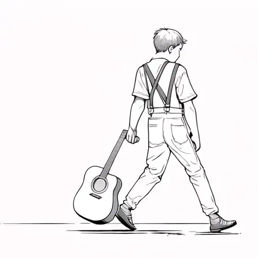 Boy Walking Away Wearing A Shirt And Suspenders Wearing A Guitar On His Back
