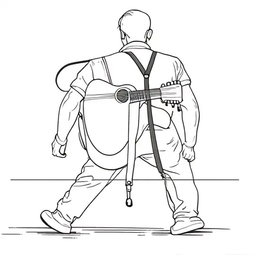 Man Walking Away Wearing A Shirt And Suspenders Wearing A Guitar On His Back