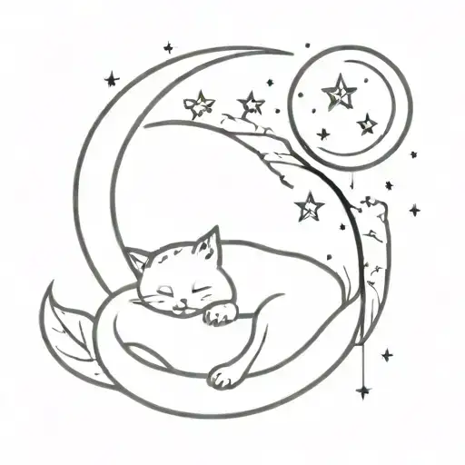 A Minimalist Tattoo Of A Sleeping Cat Curled Up On A Crescent Moon