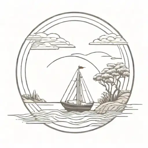 A Circular Design With A River And A Traditional Vietnamese Fishing Boat In The Distance