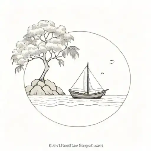 A Circular Design Of A Traditional Vietnamese Fishing Boat In The Distance