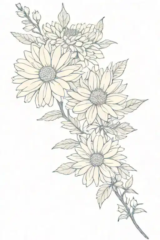 Chrysanthemum And Aster Flower Bouquet Fine Line