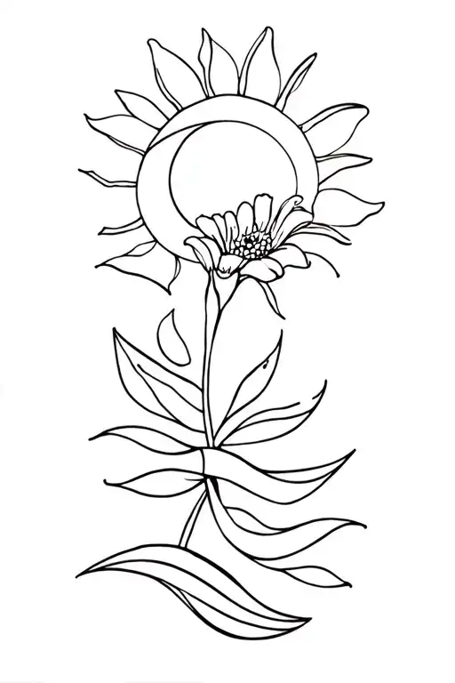 Flower With Sun And Moon And Waves