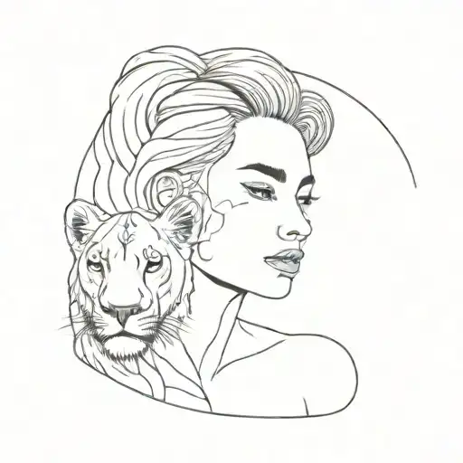 Fine Line With Woman's Face And A Lioness