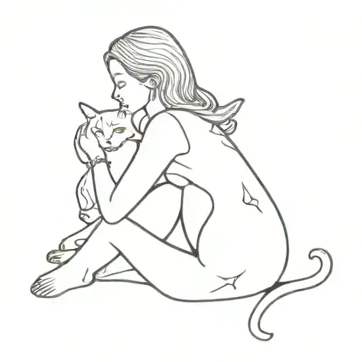 Woman Holding A Cat Line Tattoo Design Featuring