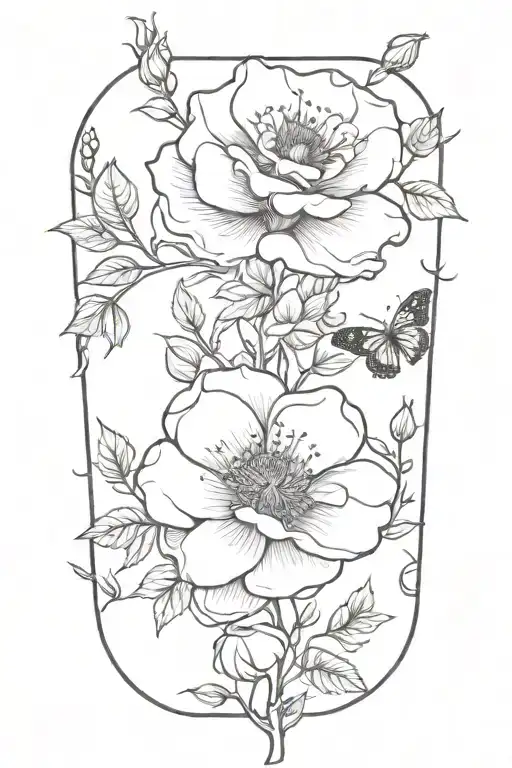 Wild Prairie Rose On A Vine Winding With Butterflies Around It