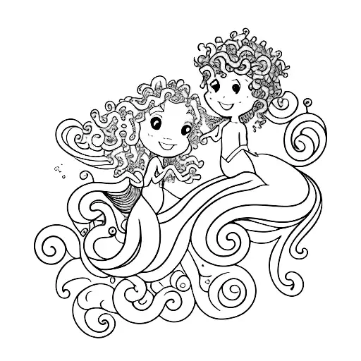 Curly-haired Mermaid And Fairy Touching