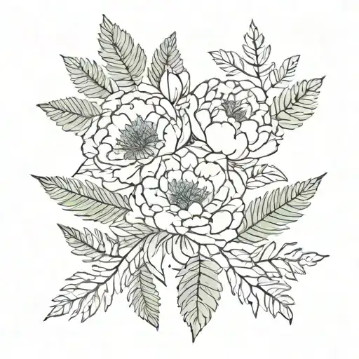 Delicate Peonies With Fern Branches And Leaves