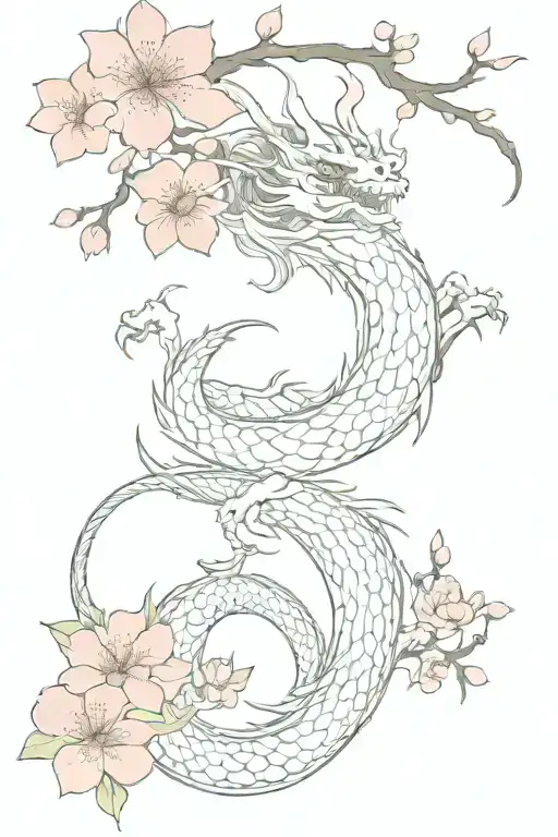 Japanese Dragon Facing Up With Sakura Flowers And Small Weiting Ine Fineline