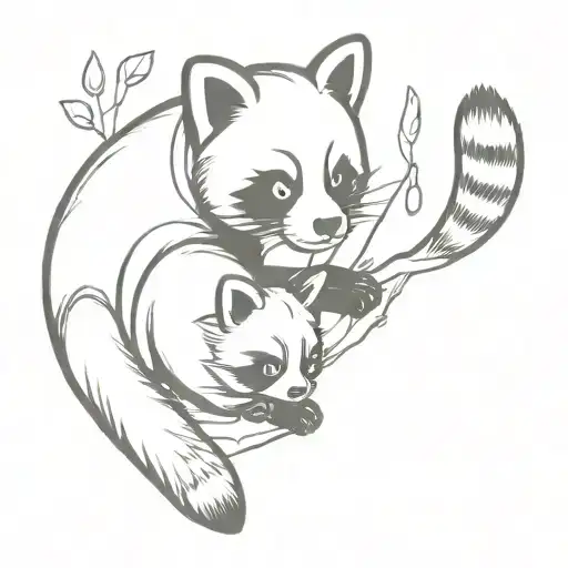 Red Panda And Raccon Playing With A Bird