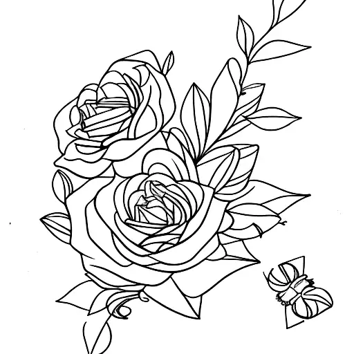 Honeysuckle Flowers And Little Roses Tied Together With A Ribbon Fine Line No Shading