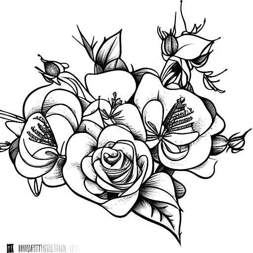 Honeysuckle Flowers And Little Roses Tied Together With A Ribbon Fine Line No Shading