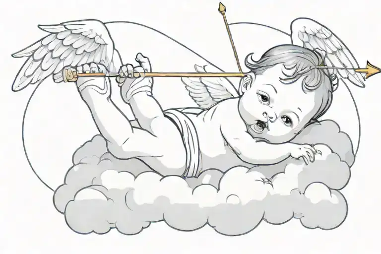 Baby Angel Lying On A Cloud With Harmful Face Pointing With A Bow And Arrow Downwards