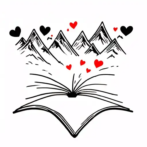 Open Book With Mountains On A Page And Hearts Coming Out Of The Book