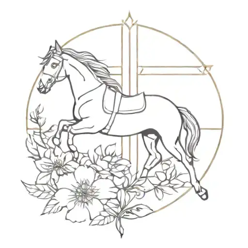 A Cross With Flowers And Horse With A