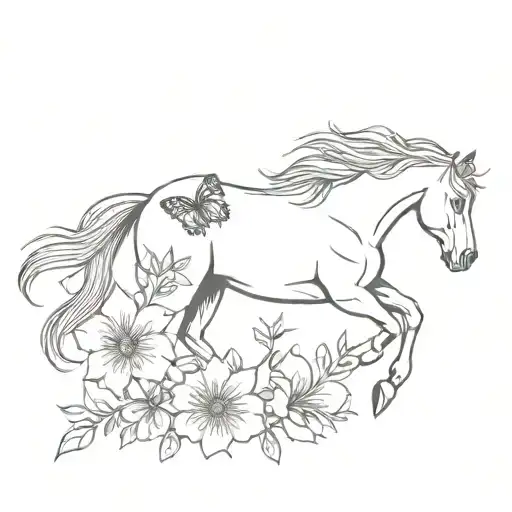 Horse With Flowers And Butterflies