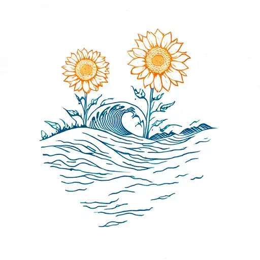 Ocean Waves With Sunflower Field