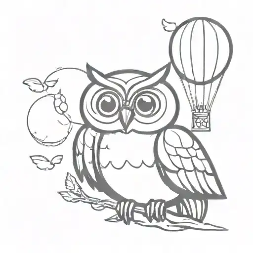 Owl With A Fish And A Hot Air Balloon Above