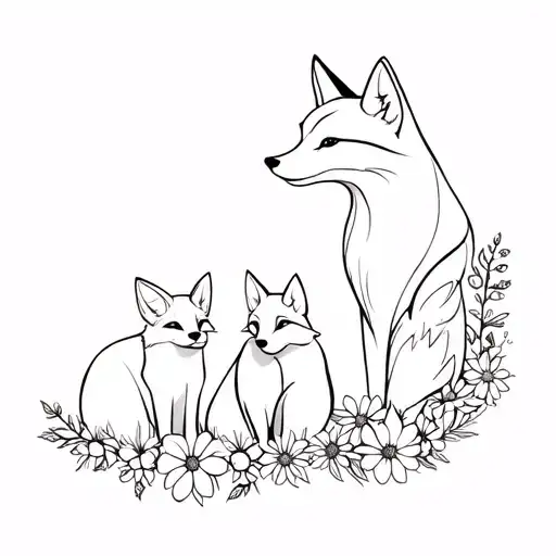 Renard Mom With Two Fox Babies And Flowers