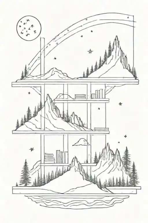 A Bookshelf Filled With Books On Top Of A Mountain Peak Under A Starry Night