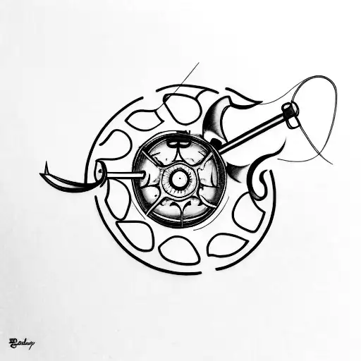 A Minimalist Tattoo Of A Film Reel Morphing Into A Fishing Hook