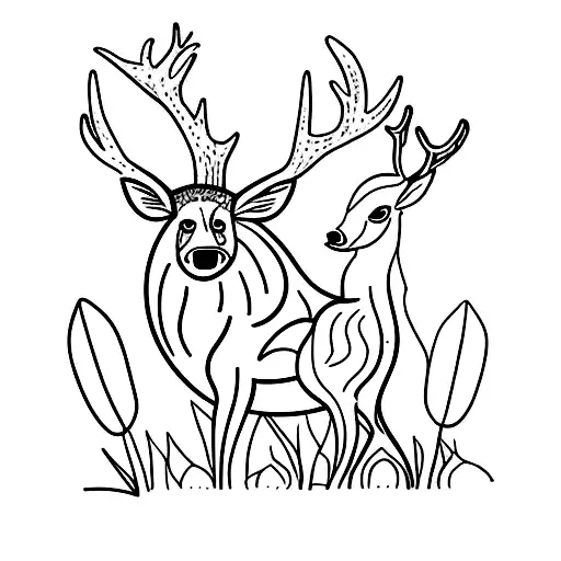 Deer With A Wild Boar In A Forest With Flowers