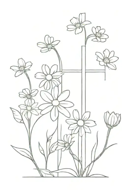 Woden Cross And Daisy Flowers