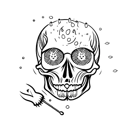 Singular Skull Tilted To Side With A Lit Candle In Each Eye And Candle Wax Dripping Down Skull