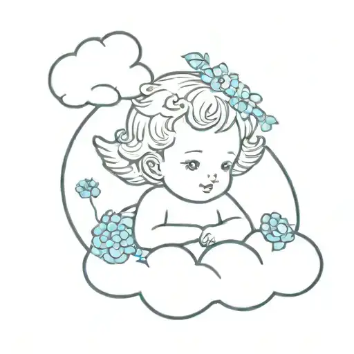 Cherub On A Cloud With A Blue Forget Me Not Flower Crown On His Head