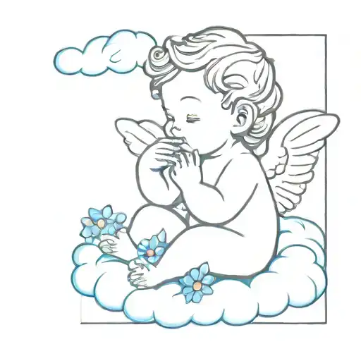Cherub On A Cloud Holding A Blue Forget Me Not