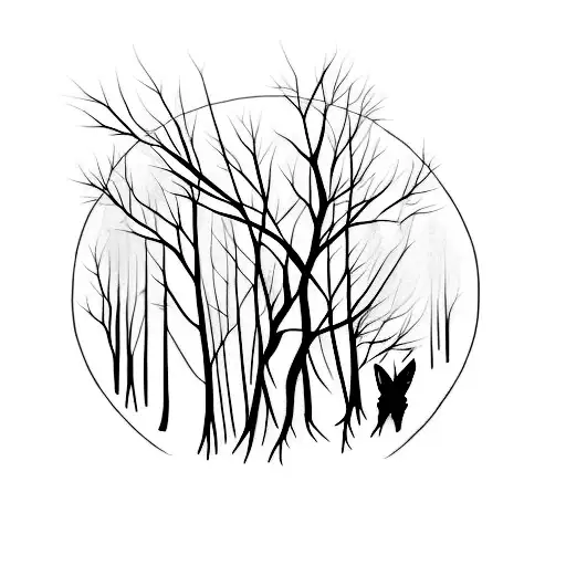 A Minimalist Tattoo Of A Misty Forest With A Hidden German Shepherd Silhouette
