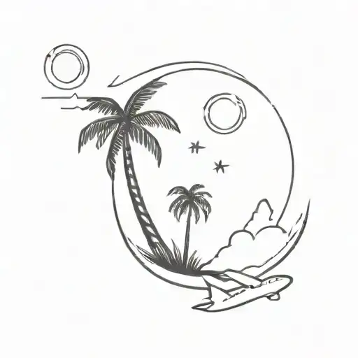 Palm Tree With A Sun And An Airplane