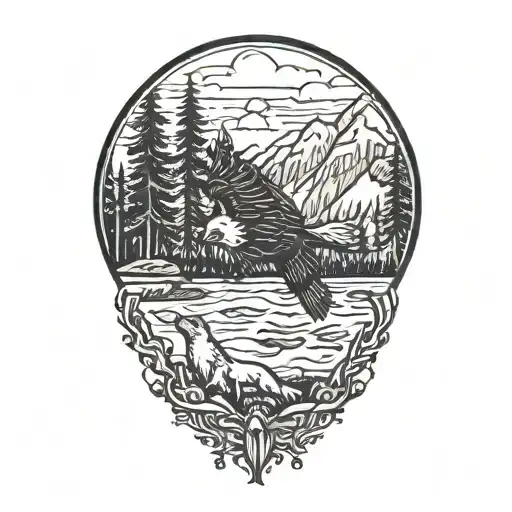 Canadian Wilderness With A Bear And An Eagle Flying And A Salmon Jumping Out Of Water