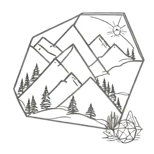 Mountain Scene Within A Six Sided Diamond With A Total Of 6 Trees