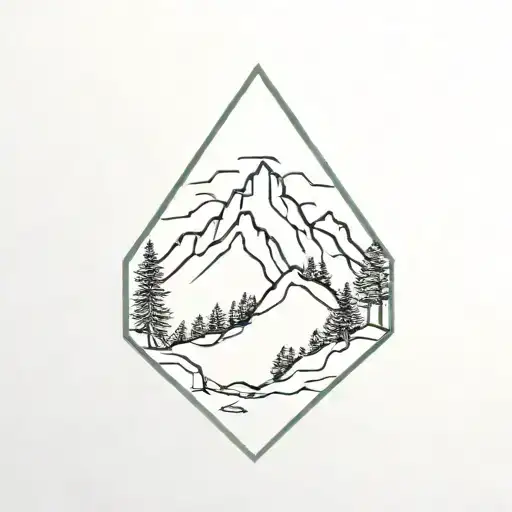 Mountain Scene With 6 Trees Inside A 4 Sided Diamond