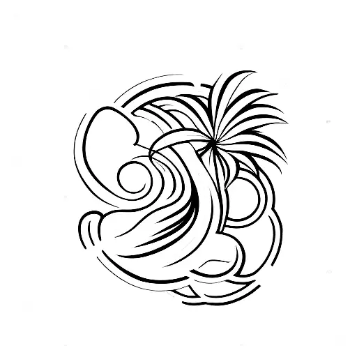 Line Tattoo With A Wave And Palmtrees