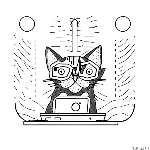 Create A Minimalist Tattoo Of A Cat Sitting On Top Of A Computer Tower