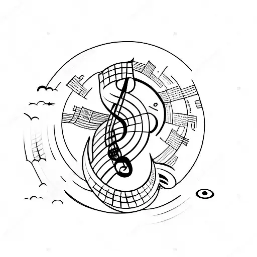 A Minimalist Tattoo Of A Building With A Music Note Incorporated Into The Architecture