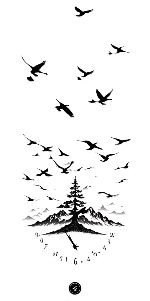 Moutains Tree Clock Birds Flying