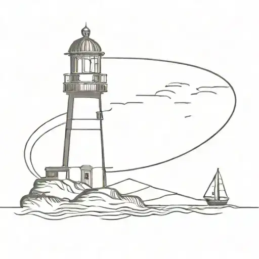 Line Detailed Lighthouse Sail Boat In Sea With Oval Boarder