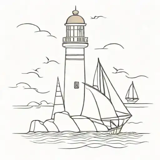 Line Detailed Lighthouse Sail Boat In Sea